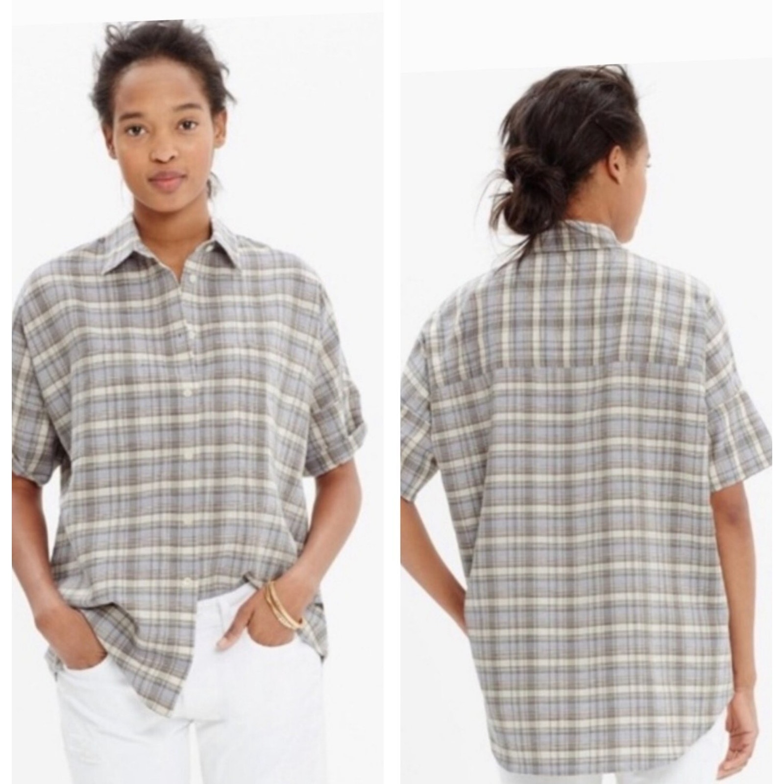 Madewell Women Courier Button Down Serene Plaid Size L Linen Coton Shirt A002010